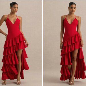 Club L London Bogota Red Plunge-Neck Ruffled Maxi Dress NWOT